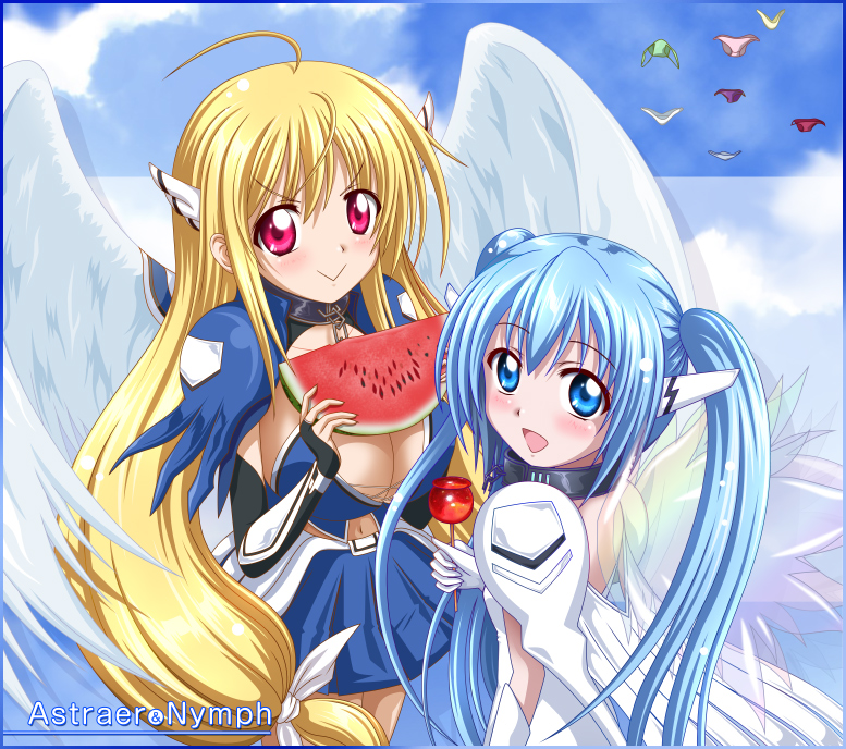 :>, ahoge, angel, apple, aqua_eyes, aqua_hair, astraea, blonde_hair, breasts, food, fruit, long_hair, melon, multiple_girls, nymph_(sora_no_otoshimono), panties, red_eyes, sora_no_otoshimono, takurou_(bpm191), twintails, underwear, wings