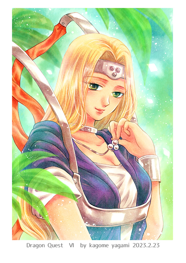 1girl, artist_name, bangs, blonde_hair, bracelet, breasts, circlet, closed_mouth
