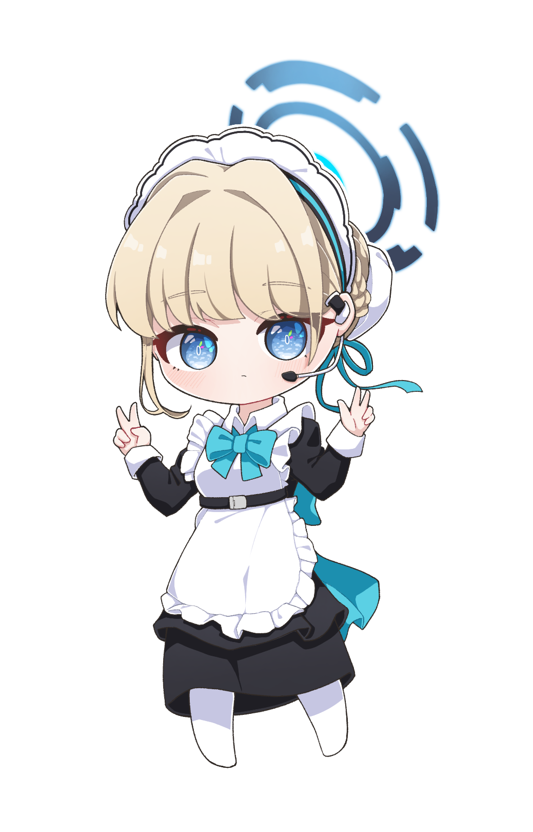 1girl, apron, bangs, black_dress, black_gloves, blue_archive, blue_bow, blue_eyes