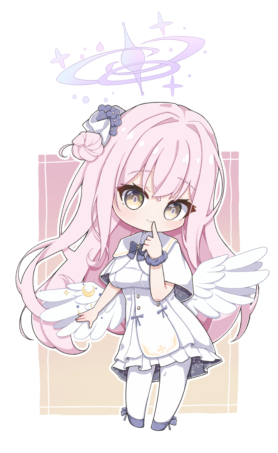 angel_wings, blue_archive, capelet, chibi, dress, dspring426, feathered_wings, flower