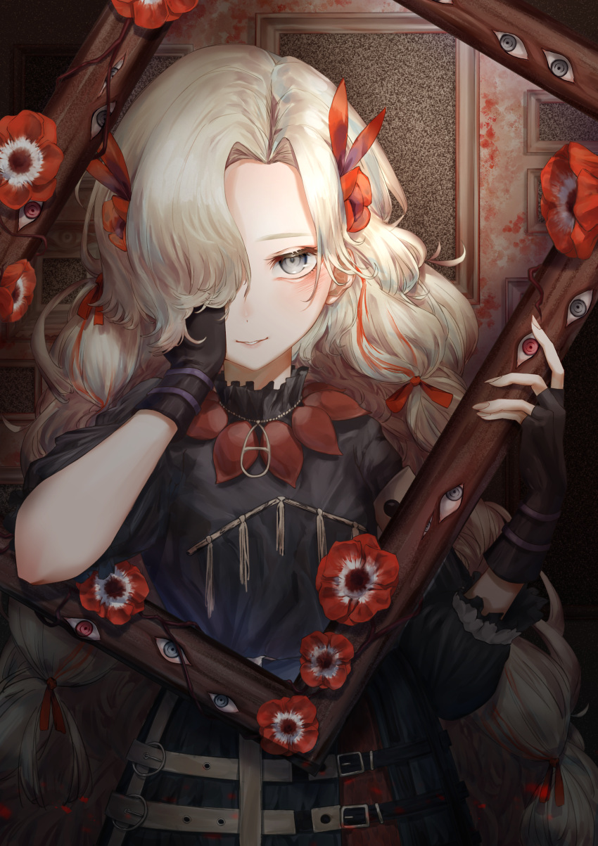 1girl, absurdres, alternate_costume, alternate_hairstyle, anemone_(flower), belt, black_dress, black_gloves