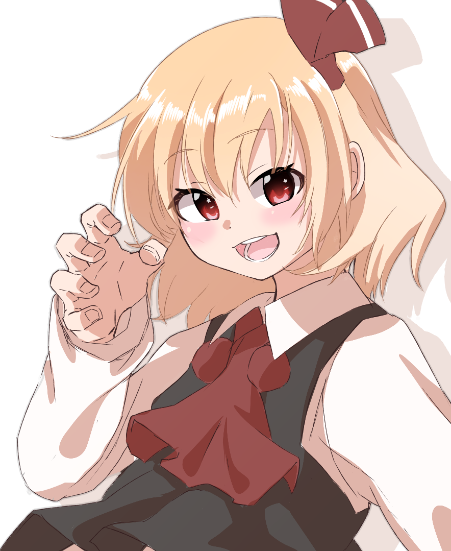 1girl, :d, ascot, bangs, black_vest, blonde_hair, blush, drop_shadow, fingernails, flat_chest, hair_between_eyes, hair_ribbon, hand_up, long_sleeves, looking_at_viewer, medium_hair, neck_bobbles, open_mouth, red_eyes, ribbon, rumia, shinmon_akika, shirt, smile, solo, star_(symbol), star_in_eye, symbol_in_eye, teeth, touhou, upper_body, vest, white_background, wing_collar