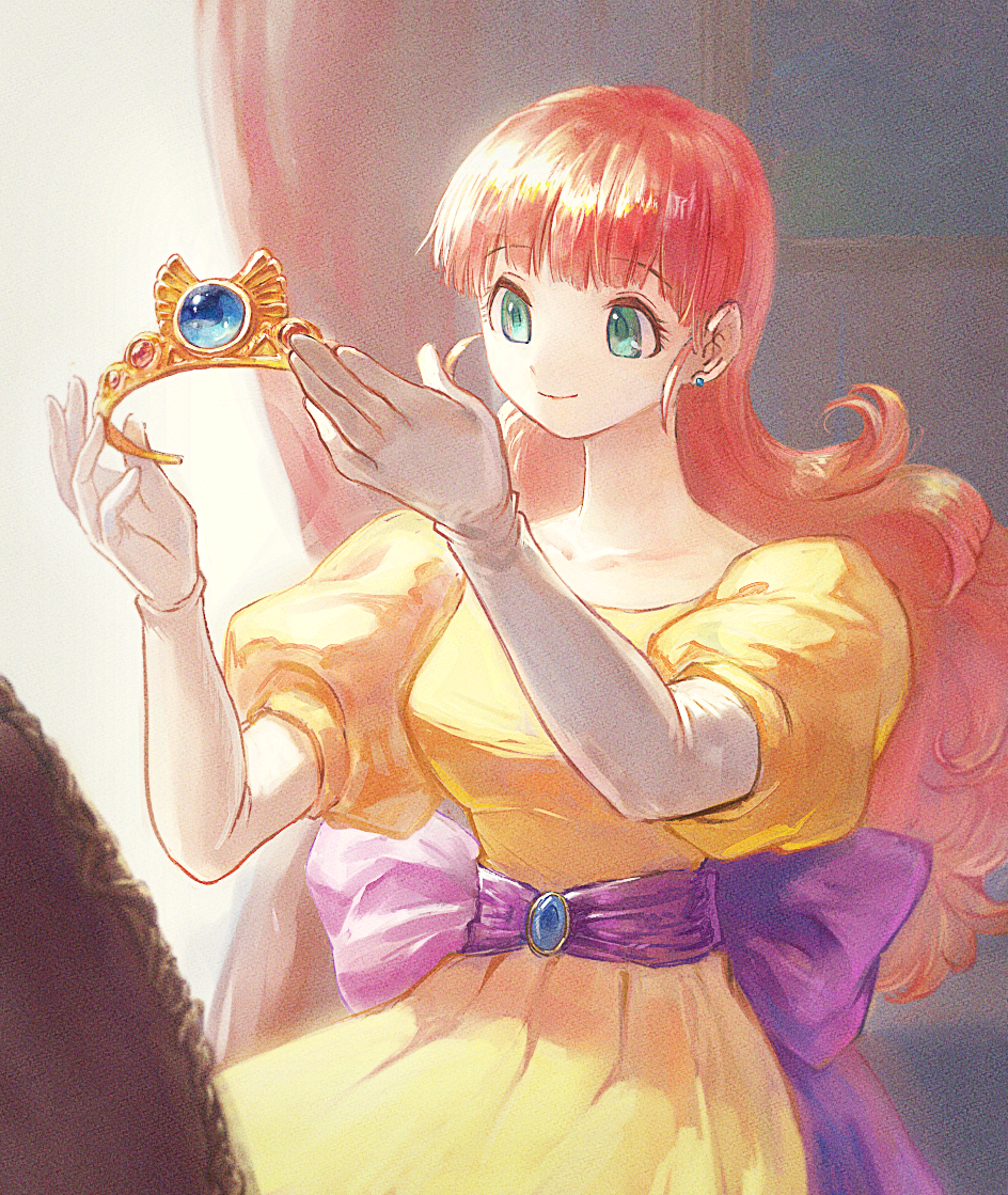 1girl, bangs, blue_eyes, blue_gemstone, breasts, closed_mouth, curly_hair, dragon_quest
