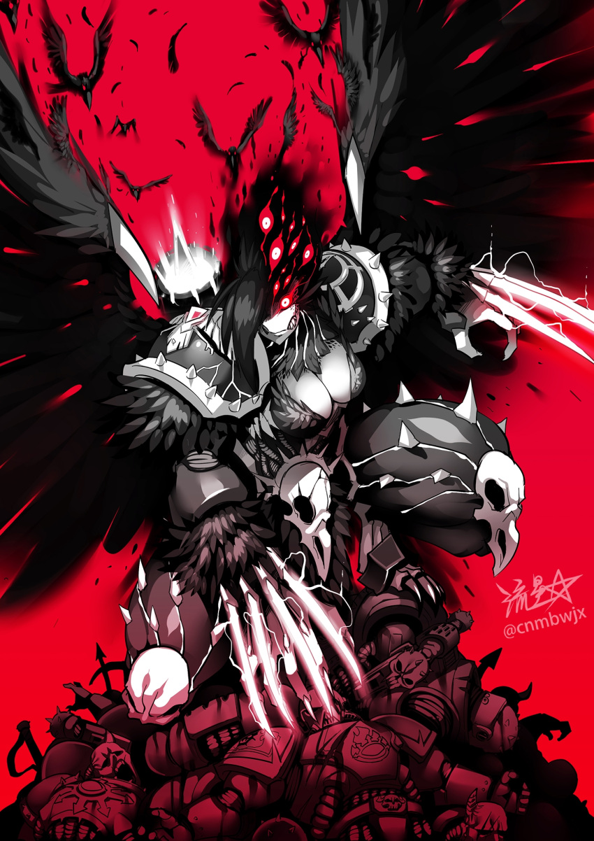 1girl, armor, black_hair, blood, breastplate, breasts, claws, corvus_corax