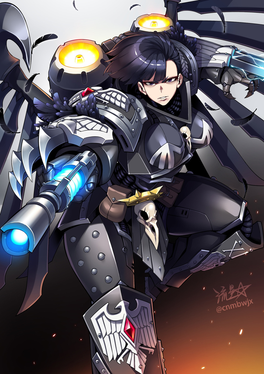 1girl, armor, black_hair, blood, breastplate, breasts, claws, corvus_corax