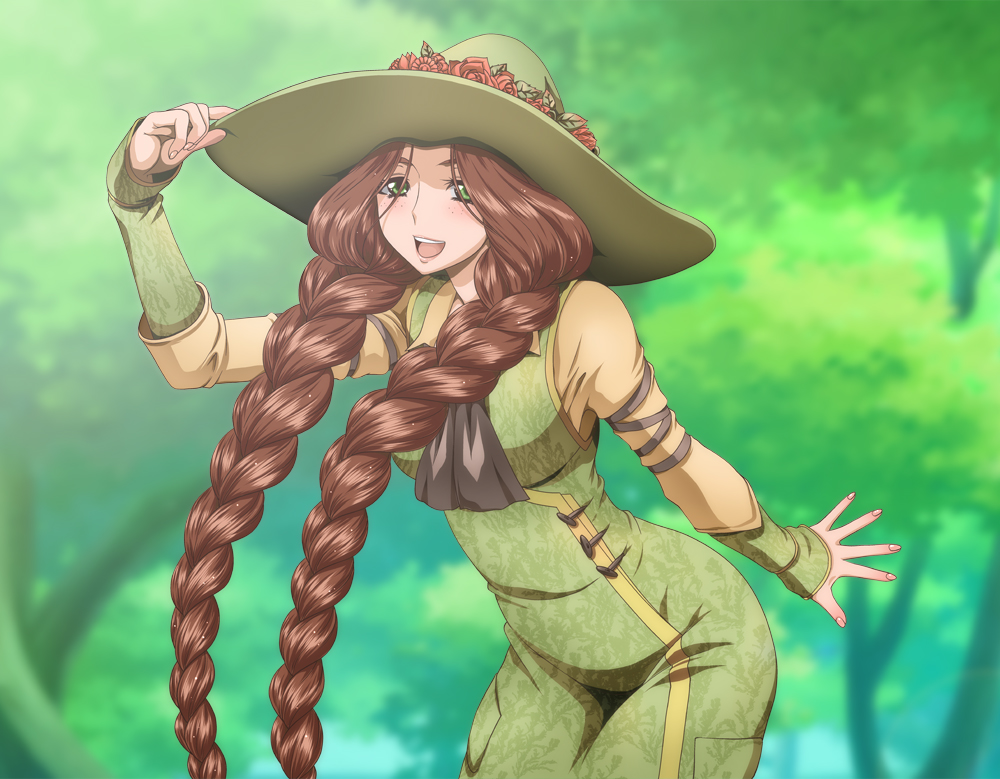 1girl, braid, brown_hair, commentary_request, flower, freckles, green_eyes, hand_on_headwear, harry_potter_(series), hat, hat_flower, hogwarts_legacy, kaname_aomame, long_hair, long_sleeves, looking_at_viewer, mirabel_garlick, open_mouth, overalls, smile, solo, tree, twin_braids, twintails, upper_body