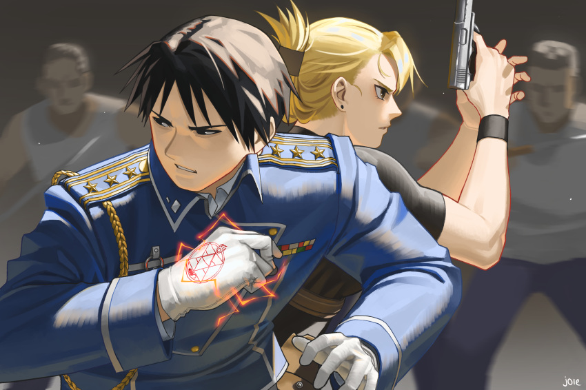 1girl, 3boys, absurdres, aiguillette, amestris_military_uniform, black_eyes, black_hair, black_shirt