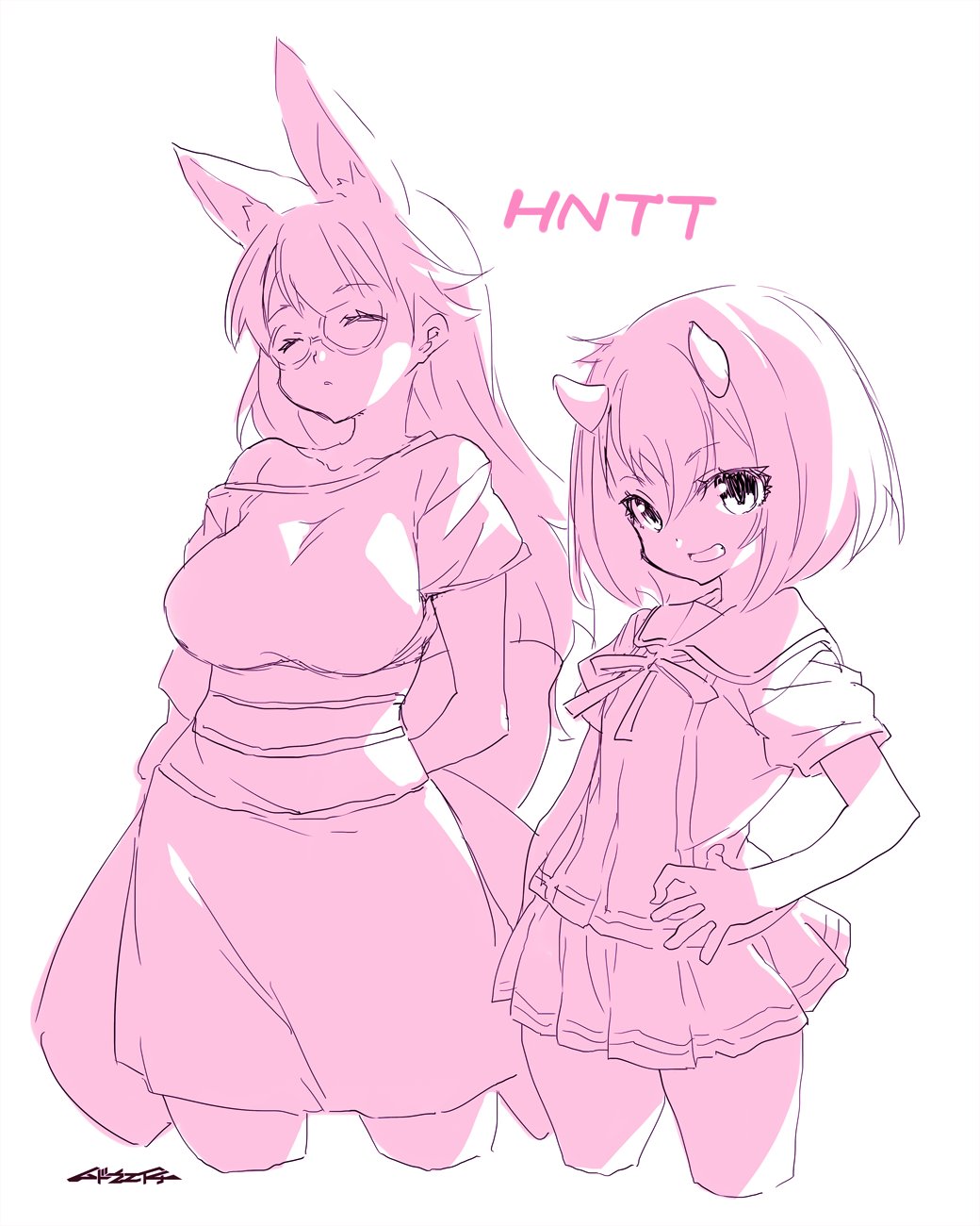 2girls, animal_ear_fluff, animal_ears, artist_name, closed_eyes, closed_mouth, commentary_request, cowboy_shot