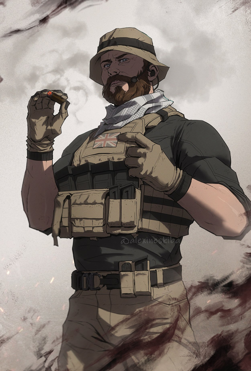 1boy, alexineskiba, beard, black_hair, black_shirt, brown_gloves, brown_pants, bulletproof_vest