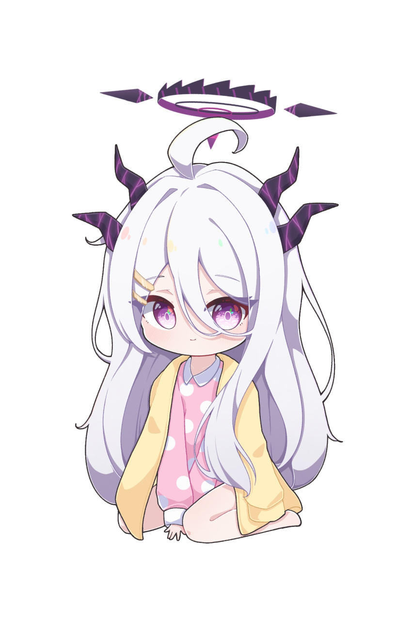 1girl, ahoge, alternate_costume, bangs, bare_legs, barefoot, blue_archive, chibi