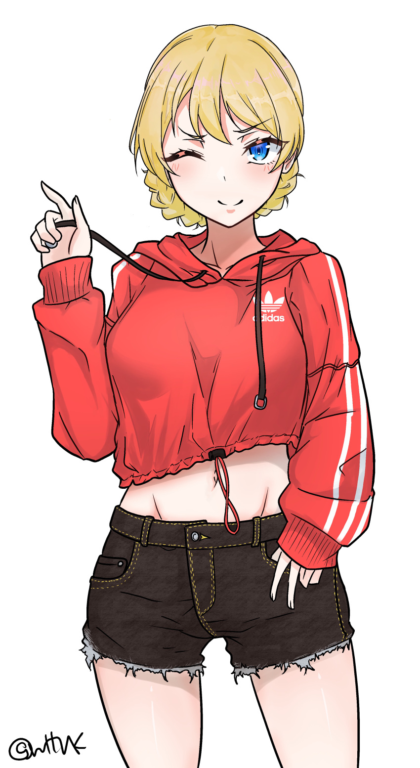 1girl, absurdres, adidas, bangs, black_shorts, blonde_hair, blue_eyes, braid