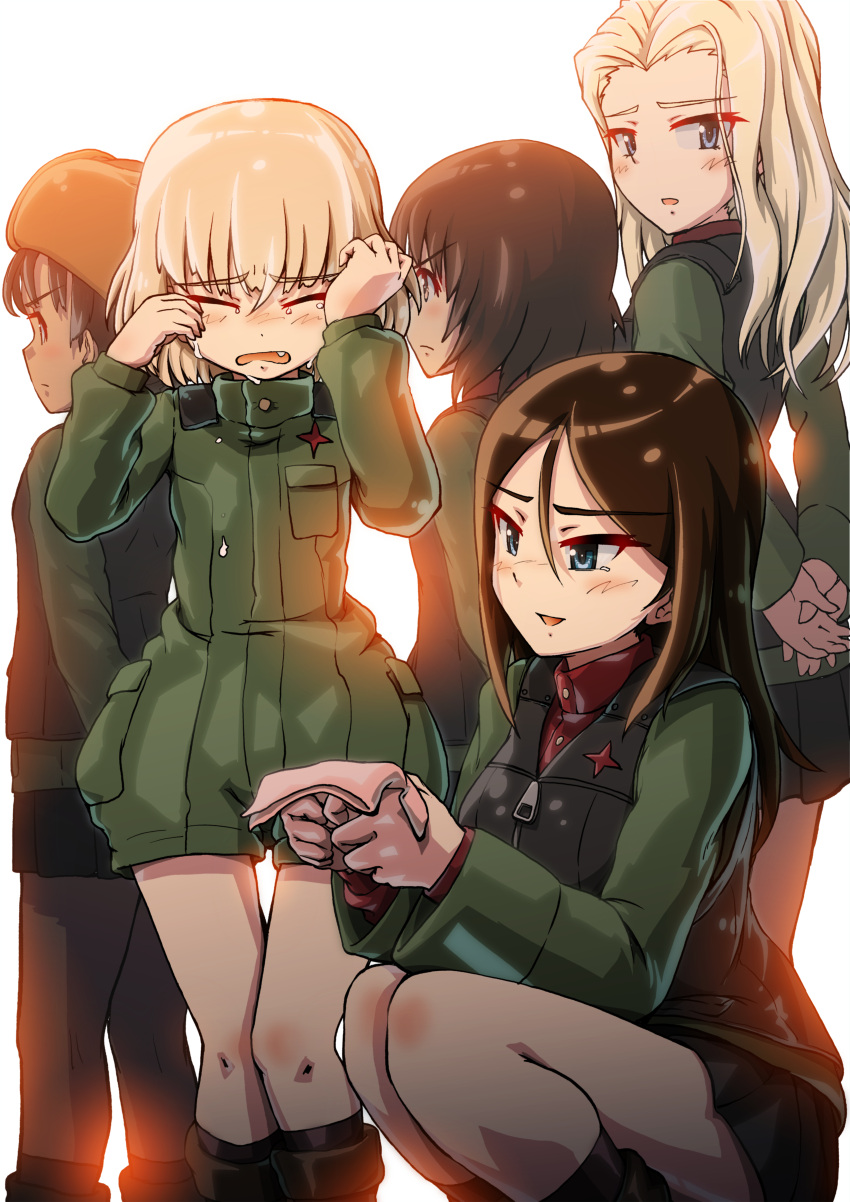5girls, absurdres, alina_(girls_und_panzer), arms_behind_back, backlighting, bangs, black_footwear, black_hair, black_skirt, black_vest, blonde_hair, blue_eyes, boots, brown_headwear, clara_(girls_und_panzer), closed_eyes, commentary_request, commission, crying, facing_away, fang, frown, fur_hat, girls_und_panzer, green_jacket, green_jumpsuit, hat, highres, holding_neckerchief, jacket, jumpsuit, katyusha_(girls_und_panzer), kuroneko_douji, long_hair, long_sleeves, looking_at_another, looking_back, military, military_uniform, miniskirt, multiple_girls, nina_(girls_und_panzer), nonna_(girls_und_panzer), open_mouth, own_hands_together, parade_rest, partial_commentary, pixiv_commission, pleated_skirt, pravda_military_uniform, red_shirt, shirt, short_hair, short_jumpsuit, skirt, smile, squatting, standing, swept_bangs, tearing_up, tears, textless_version, turtleneck, uniform, ushanka, vest, wiping_tears, zipper