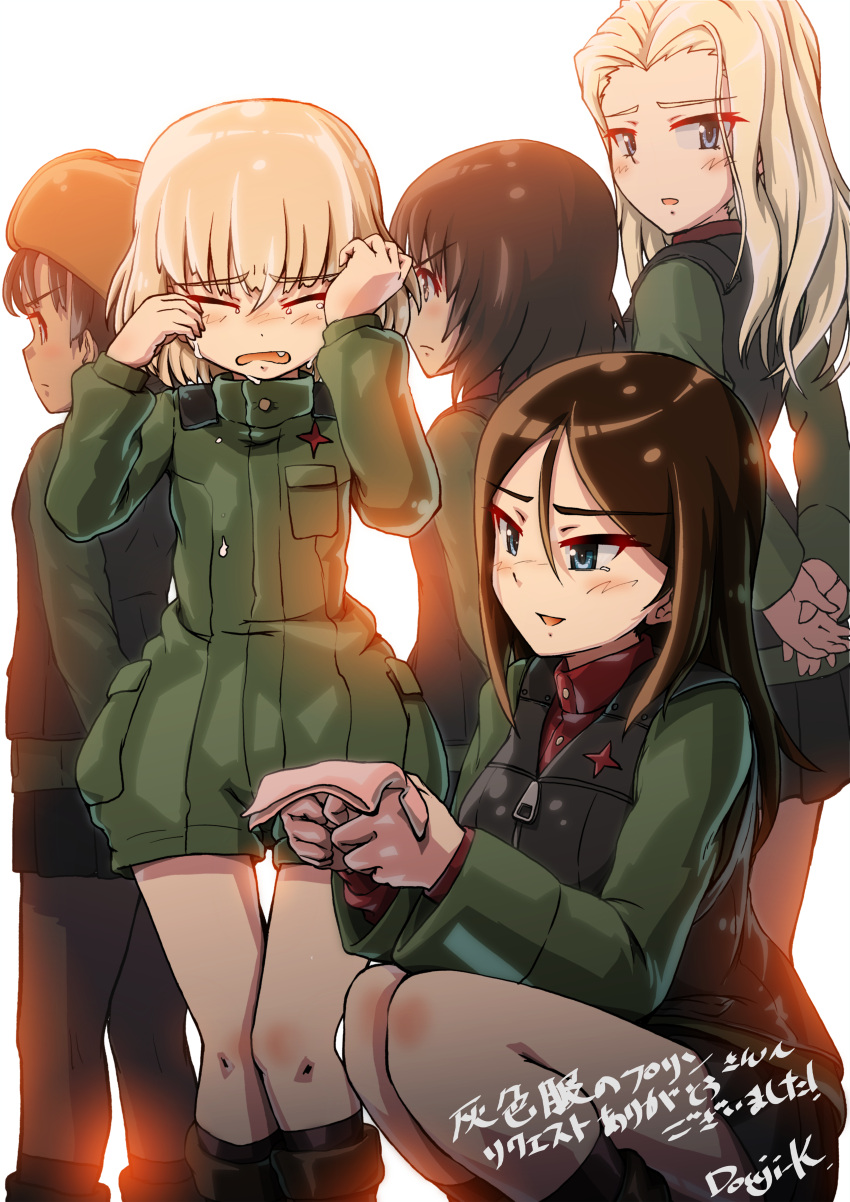 5girls, absurdres, alina_(girls_und_panzer), arms_behind_back, artist_name, backlighting, bangs, black_footwear