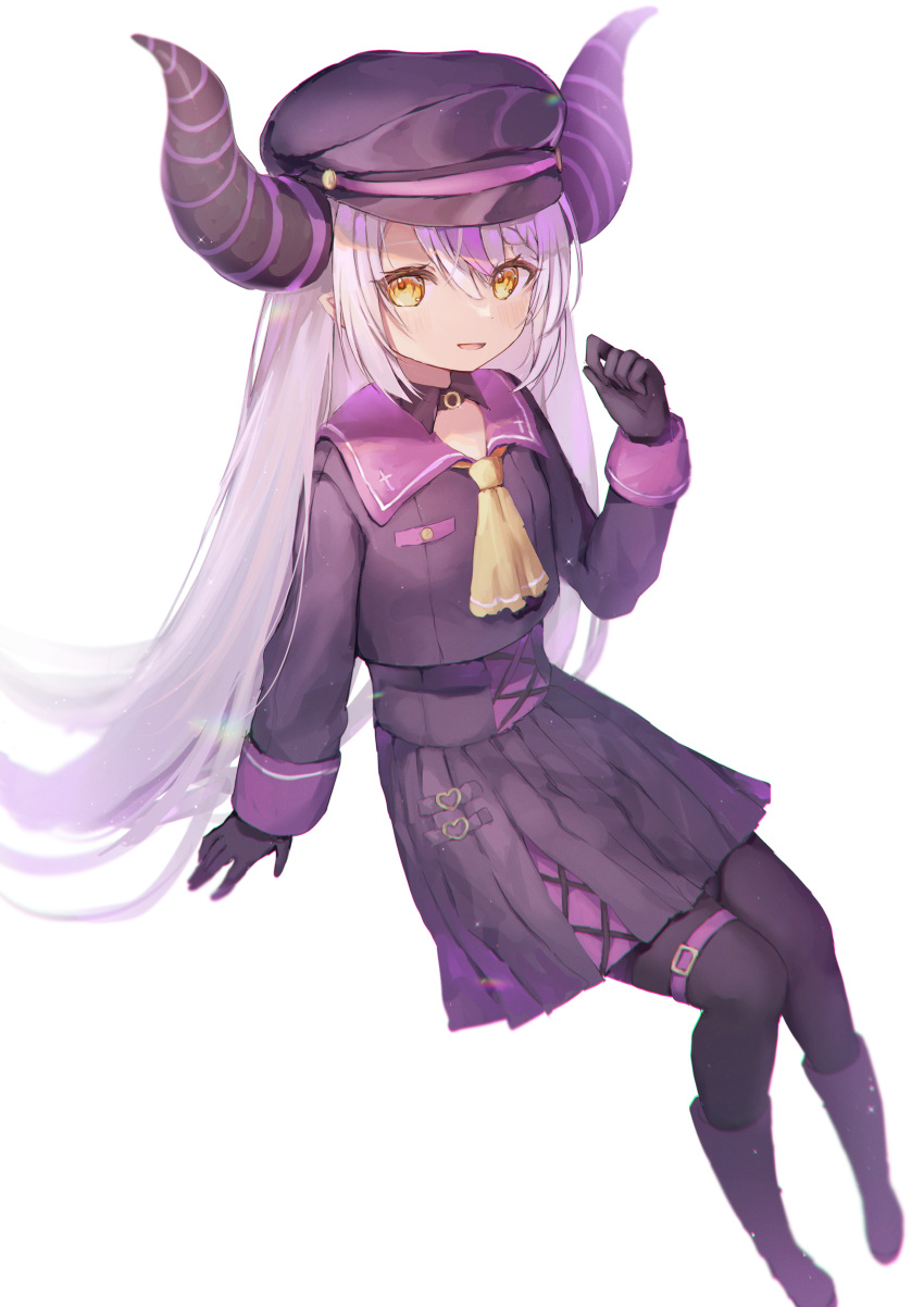1girl, absurdres, black_gloves, black_pantyhose, boots, commentary_request, cross, gloves, hair_between_eyes, hat, heart, highres, hololive, horns, la+_darknesss, long_hair, long_sleeves, looking_at_viewer, multicolored_hair, neckerchief, pantyhose, parted_lips, peaked_cap, pleated_skirt, purple_hair, ririru, sailor_collar, simple_background, sitting, skirt, smile, solo, streaked_hair, striped_horns, very_long_hair, virtual_youtuber, white_background, white_hair, yellow_eyes, yellow_neckerchief