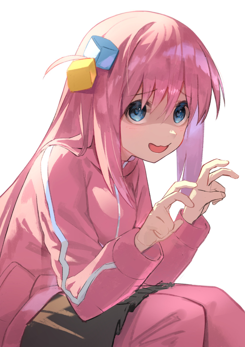 1girl, absurdres, bangs, black_skirt, blue_eyes, bocchi_the_rock!, cube_hair_ornament, double_v