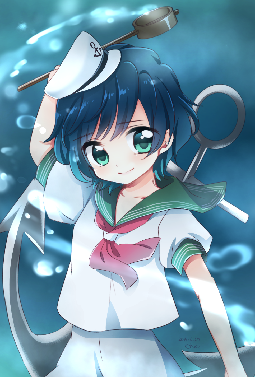 1girl, anchor, anchor_symbol, black_hair, choco_(moyasi), green_eyes, green_sailor_collar, hat