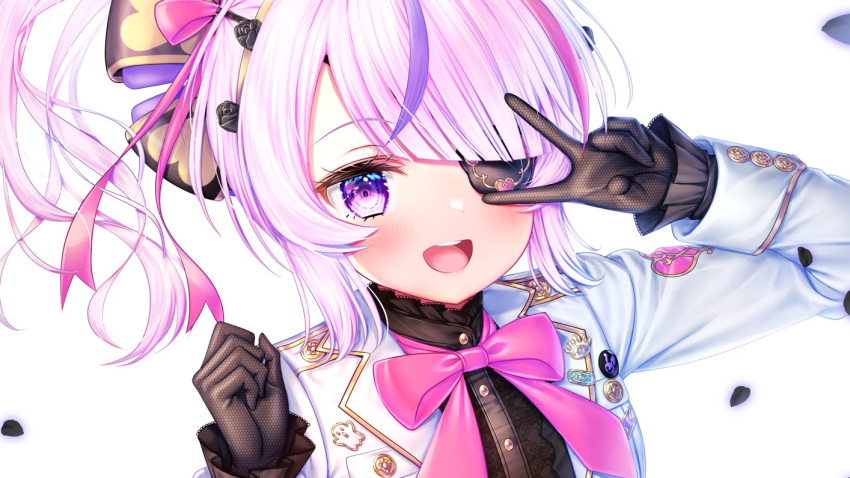 1girl, :d, bangs, black_bow, black_corset, black_gloves, black_shirt, bow
