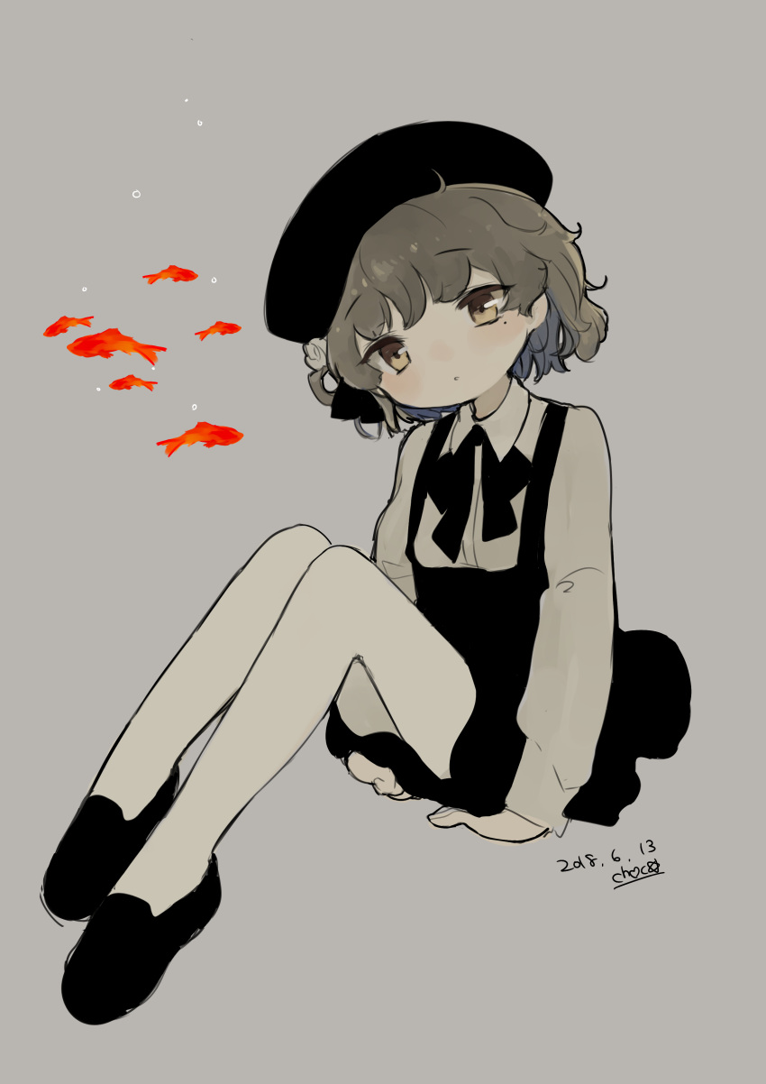 1girl, absurdres, black_bow, black_dress, black_footwear, black_headwear, bow, brown_hair