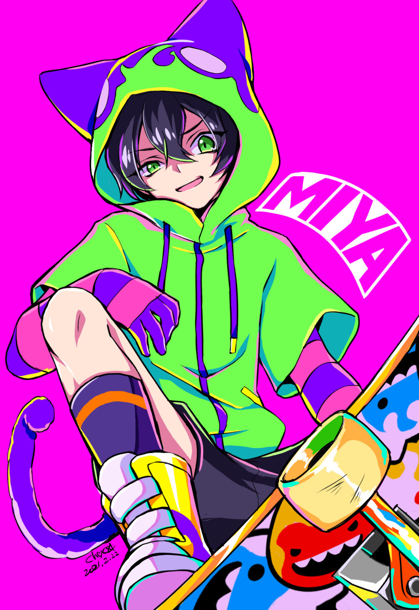 1boy, black_shorts, character_name, choco_(moyasi), gloves, green_hoodie, hair_between_eyes, highres