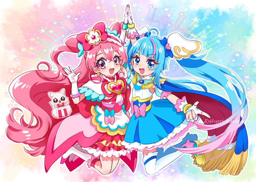 2girls, absurdres, ahoge, ankle_boots, apron, arm_up, bangs, blue_dress, blue_eyes, blue_footwear, blue_hair, boots, bow, cape, commentary_request, cone_hair_bun, cure_precious, cure_sky, cut_bangs, delicious_party_precure, detached_sleeves, double_bun, dress, earrings, fingerless_gloves, frilled_hairband, frills, fringe_trim, gloves, gradient_hair, hair_bow, hair_bun, hair_ornament, hairband, heart, high_five, highres, hirogaru_sky!_precure, jewelry, jumping, kazusa_hiyori, kome-kome_(precure), legs_up, long_hair, magical_girl, medium_dress, multicolored_hair, multiple_girls, nagomi_yui, open_mouth, pink_bow, pink_hair, precure, puffy_detached_sleeves, puffy_sleeves, series_connection, short_dress, single_sidelock, sleeveless, sleeveless_dress, smile, sora_harewataru, sparkle, star_(symbol), streaked_hair, thigh-highs, twintails, twitter_username, two-sided_cape, two-sided_fabric, two_side_up, very_long_hair, violet_eyes, waist_apron, white_footwear, white_gloves, white_thighhighs, wing_hair_ornament