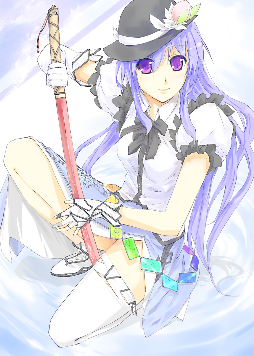 asymmetrical_clothing, food, fruit, funeral_(artist), gloves, hat, highres, hinanawi_tenshi