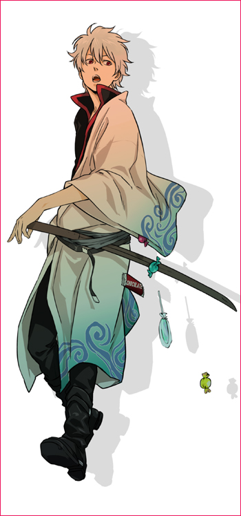 9go, boots, border, candy, chocolate, chocolate_bar, food, gintama, japanese_clothes, lollipop, male, red_eyes, sakata_gintoki, short_hair, silver_hair, solo, weapon