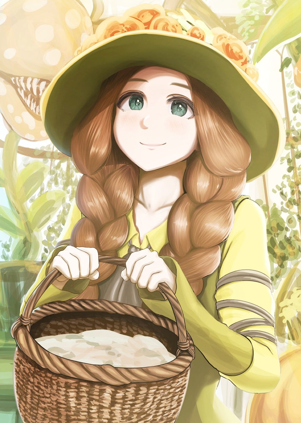 1girl, basket, braid, carnivorous_plant, dress, flower, green_dress, green_eyes