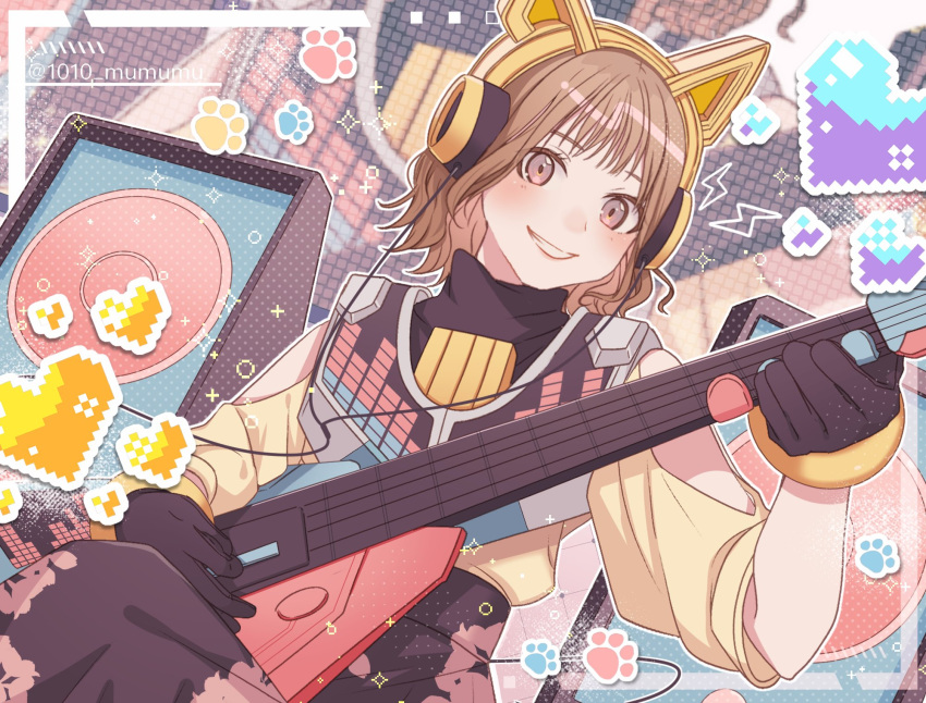 1010_mumumu, 1girl, adapted_costume, animal_ear_headphones, animal_ears, animal_hands, bare_shoulders, beat_axe