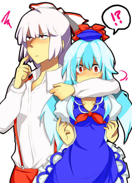 bad_id, blue_hair, blush, fujiwara_no_mokou, hug, kamishirasawa_keine, long_hair, mitsui_hisashi, mitsui_hisashi_(artist), multiple_girls, red_eyes, surprised, touhou, white_hair