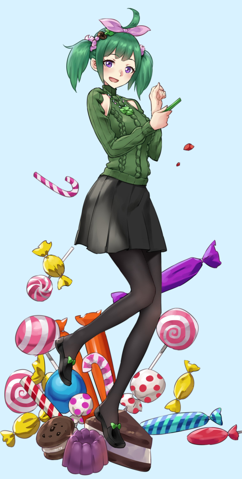 absurdres, alternate_costume, black_skirt, cake, candy, candy_cane, cookie, fire_emblem, fire_emblem_fates, food, full_body, gelatin, green_sweater, highres, igni_tion, lollipop, midori_(fire_emblem), pantyhose, short_twintails, skirt, solo, sweater, twintails, violet_eyes, wrapped_candy