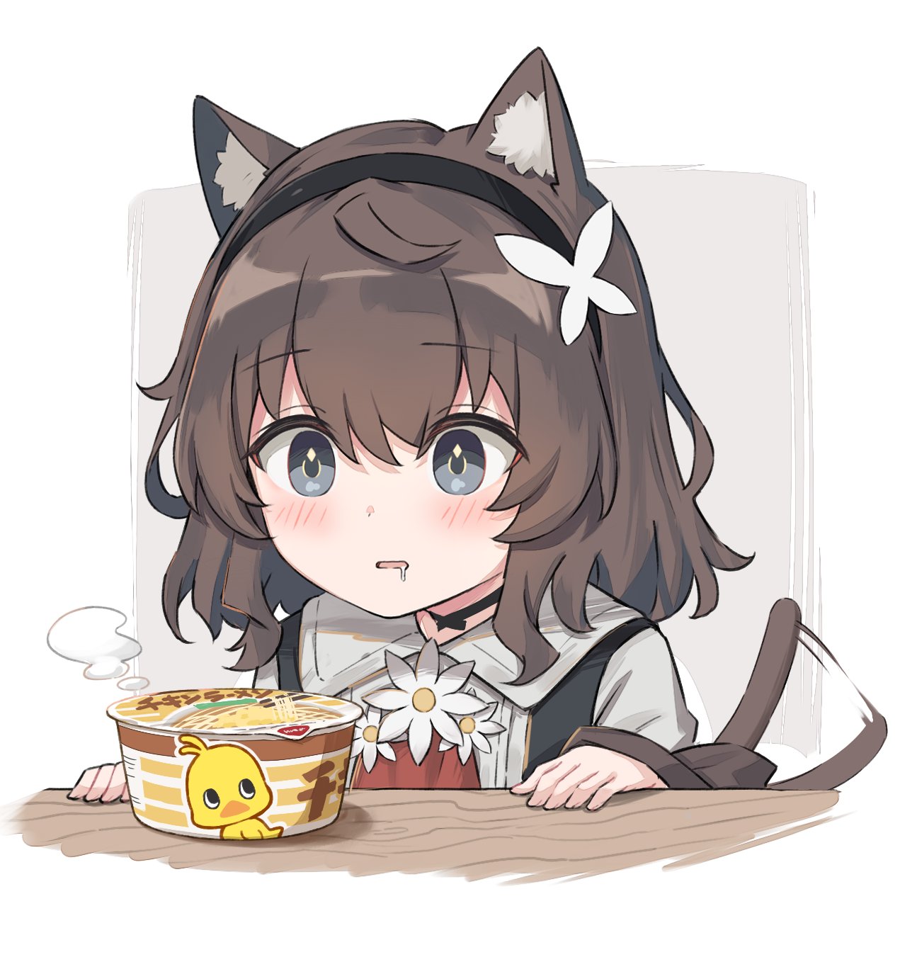1girl, afterimage, animal_ear_fluff, animal_ears, black_hairband, black_vest, brown_hair, cat_ears, cat_girl, cat_tail, collared_shirt, drooling, grey_eyes, hairband, highres, kurioshi_fio, medium_hair, motion_lines, original, ramen, satou_(3366_s), shirt, steam, tail, tail_wagging, vest, white_background, white_shirt, wing_collar