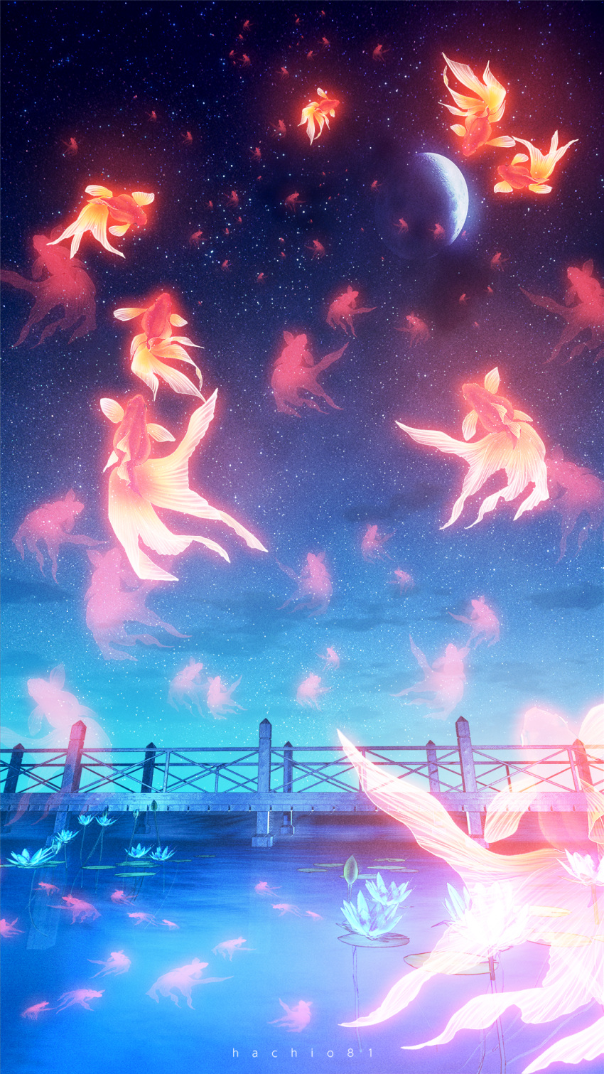 artist_name, blue_flower, bridge, commentary_request, crescent_moon, fish, flower, flying_fish