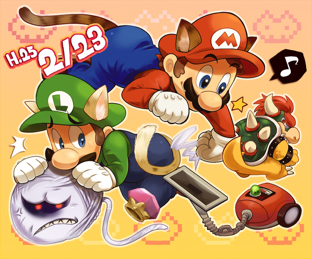 2boys, ^^^, anger_vein, animal_ear_fluff, animal_ears, blue_eyes, blue_overalls, blue_pants, bowser, brothers, brown_footwear, brown_hair, cat_boy, cat_day, cat_ears, cat_tail, clenched_teeth, closed_mouth, commentary_request, crown, dated, facial_hair, full_body, gloves, glowing, glowing_eyes, gradient_background, green_headwear, green_shirt, hat, kinashi, king_boo, long_sleeves, luigi, luigi's_mansion, male_focus, mario, multiple_boys, musical_note, mustache, orange_background, overalls, pants, paw_pose, poltergust_3000, raised_eyebrows, red_eyes, red_headwear, red_shirt, scared, sharp_teeth, shirt, shoes, short_hair, siblings, simple_background, smile, speech_bubble, spoken_musical_note, star_(symbol), super_mario_bros., sweatdrop, tail, teeth, vacuum_cleaner, white_gloves, yellow_background