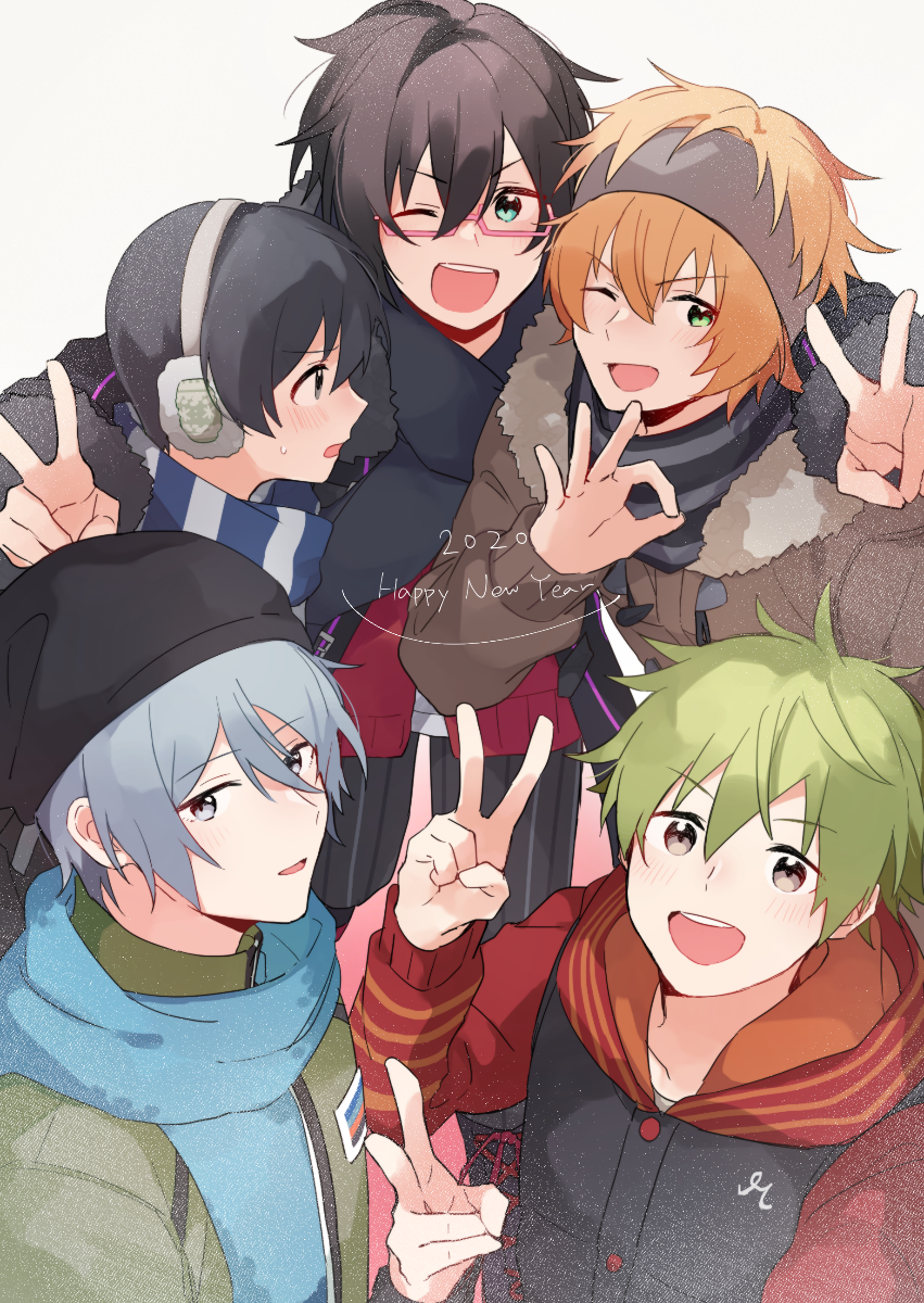 2020, 5boys, akiyama_hayato, amai_kuro, aqua_eyes, black_hair, brown_eyes, fuyumi_jun