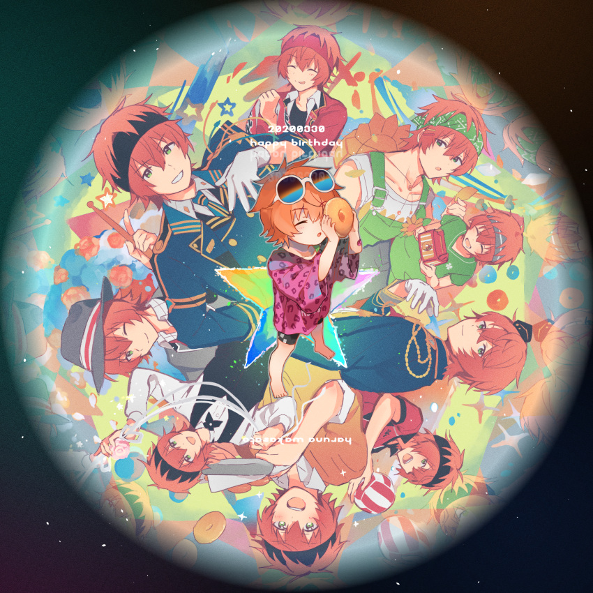 1boy, 2020, amai_kuro, black_background, dated, doughnut, eyewear_on_head, facing_viewer