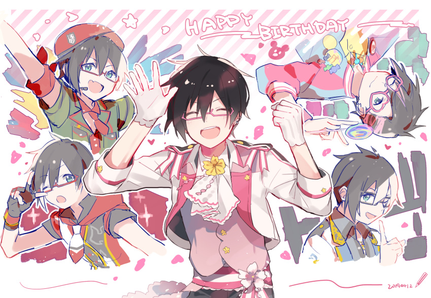 1boy, amai_kuro, aqua_eyes, black_hair, closed_mouth, ear_piercing, facing_viewer, glasses