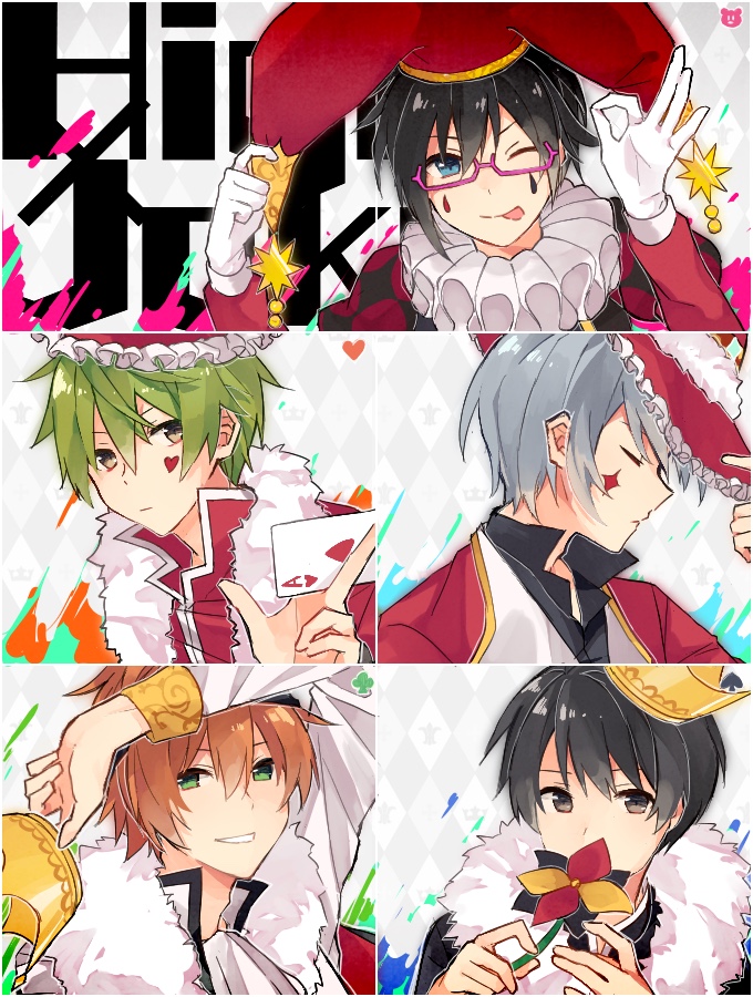 5boys, akiyama_hayato, amai_kuro, black_hair, blue_eyes, brown_eyes, closed_eyes, diamond_on_cheek, facial_mark, facing_to_the_side, fuyumi_jun, glasses, green_eyes, green_hair, grey_hair, group_name, hat, heart_on_cheek, high_x_joker_(idolmaster), idolmaster, idolmaster_side-m, iseya_shiki, jester, jester_cap, looking_at_viewer, male_focus, multiple_boys, orange_hair, sakaki_natsuki, sweatband, teardrop, teardrop_facial_mark, wakazato_haruna