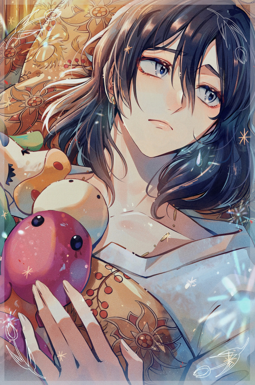 1boy, absurdres, bishounen, black_hair, blanket, blue_eyes, closed_mouth, highres
