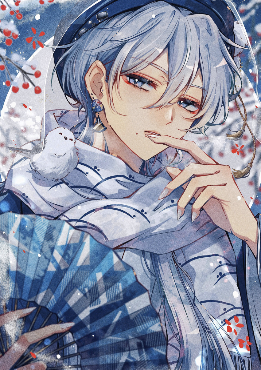 1boy, absurdres, animal_on_shoulder, bird, bird_on_shoulder, bishounen, blue_eyes, blurry