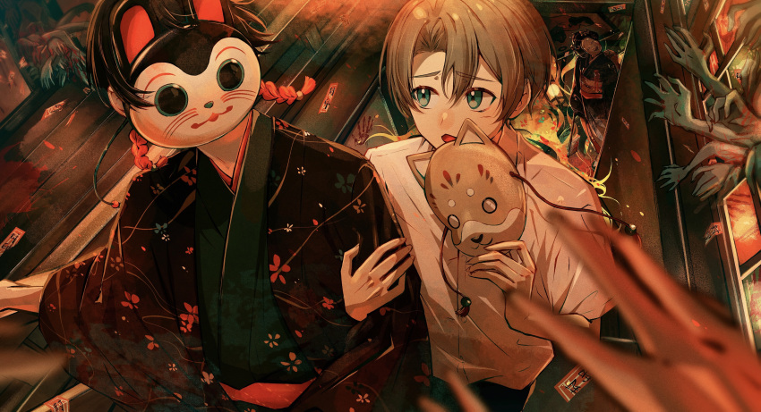 2boys, absurdres, black_hair, collared_shirt, facing_viewer, green_eyes, highres, japanese_clothes