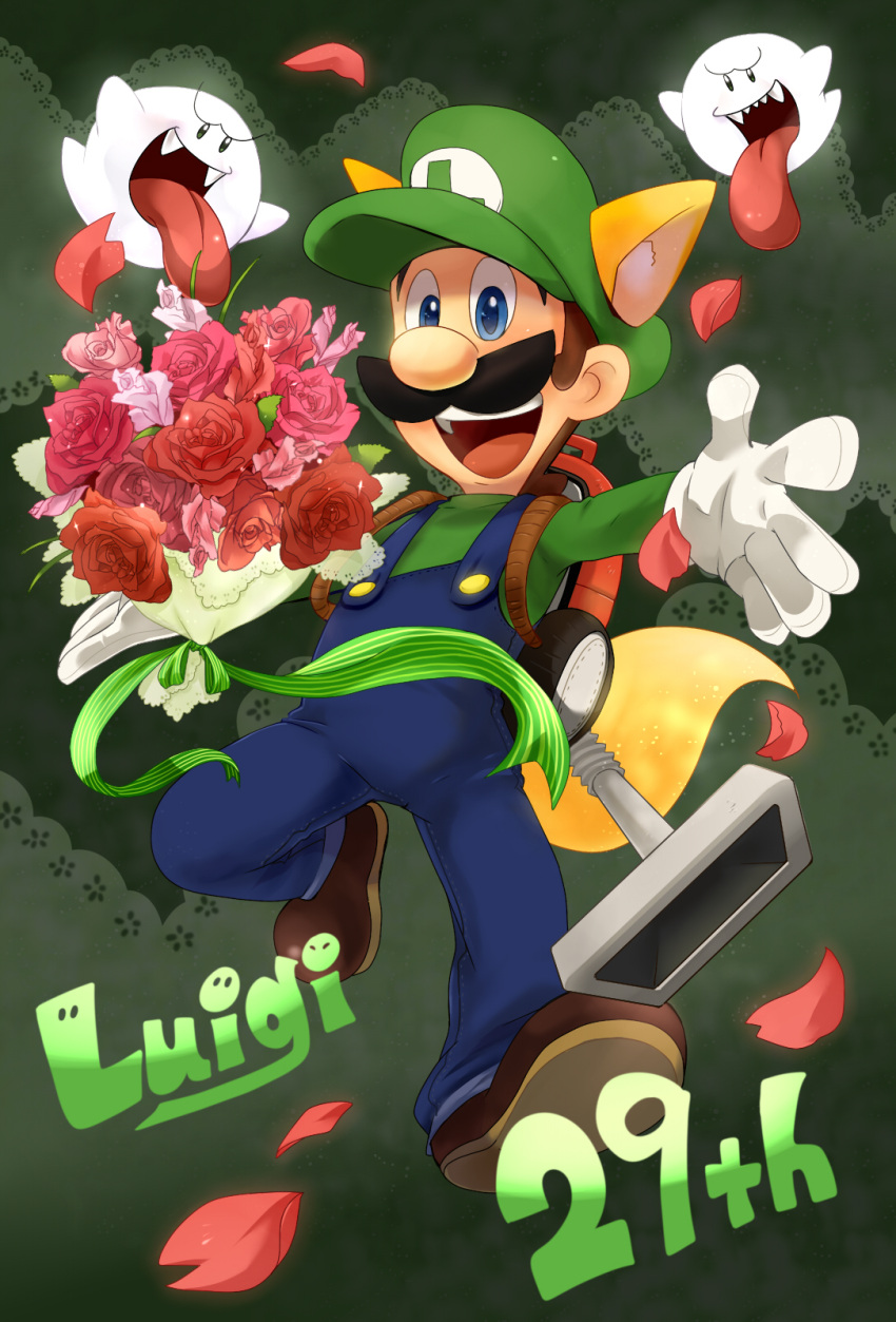 1boy, :d, anniversary, blue_eyes, blue_overalls, blue_pants, boo_(mario), bouquet