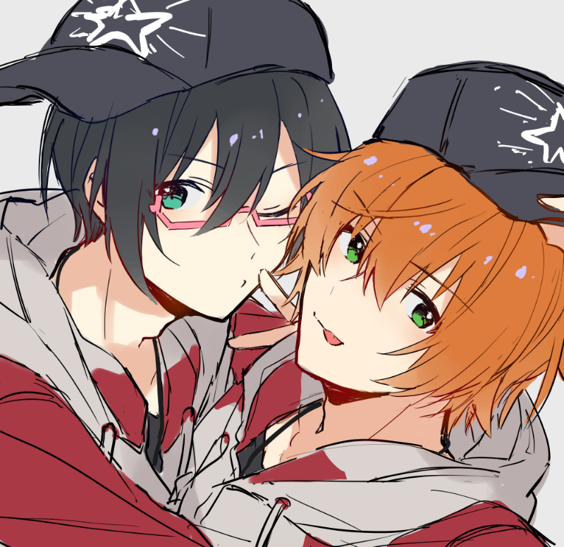 2boys, amai_kuro, aqua_eyes, black_hair, closed_mouth, glasses, green_eyes, grey_background