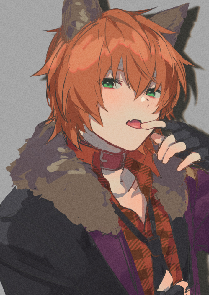 1boy, amai_kuro, animal_ears, black_jacket, black_necktie, collar, facing_to_the_side, fur-trimmed_jacket