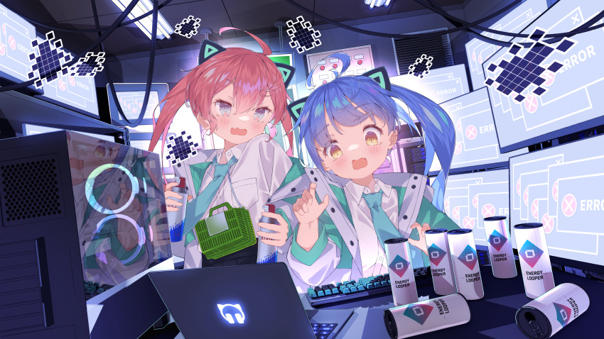 2girls, absurdres, animal_ears, blue_hair, blush, cable, cat_ears, collared_shirt, computer, cyberpunk, error_message, highres, hoji_(hooooooooji1029), jacket, keyboard_(computer), laptop, long_sleeves, monitor, multiple_girls, neko_hacker, open_clothes, open_jacket, pink_hair, ponytail, puffy_long_sleeves, puffy_sleeves, sera_(neko_hacker), shirt, sho_(neko_hacker), siblings, sisters, spray_paint