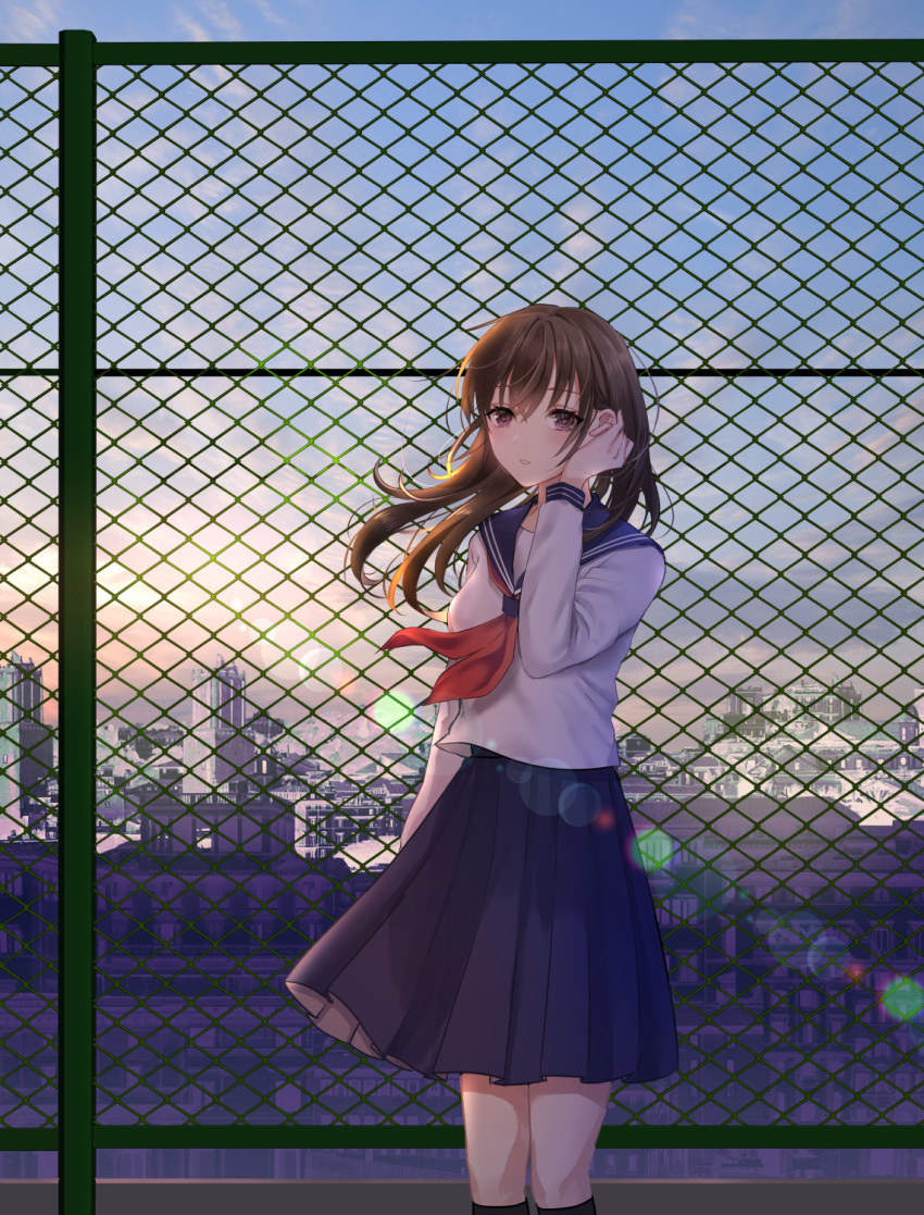 1girl, bangs, black_sailor_collar, black_skirt, black_socks, breasts, brown_hair, chain-link_fence