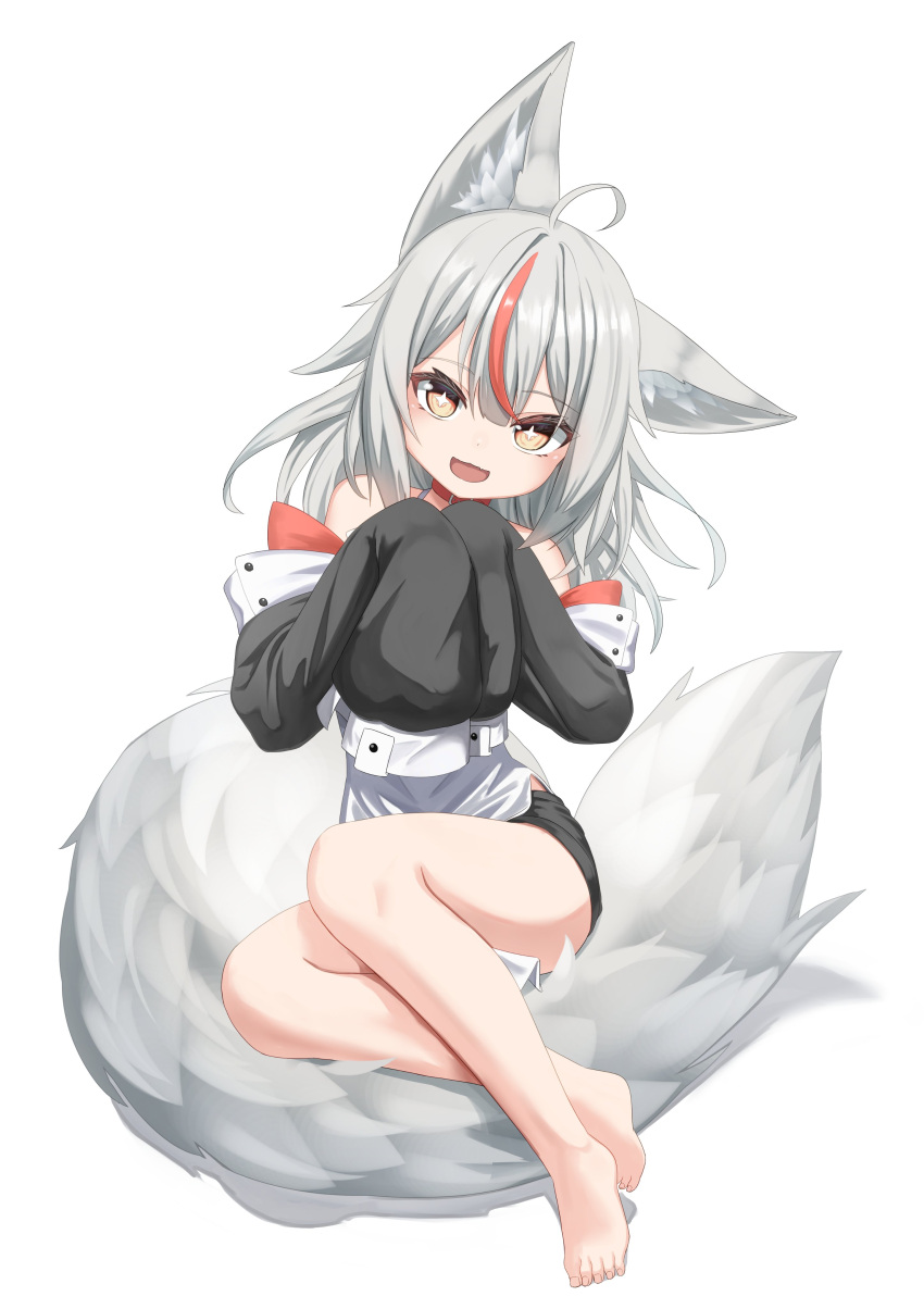 1girl, :d, absurdres, animal_ears, bare_legs, bare_shoulders, barefoot, black_shorts