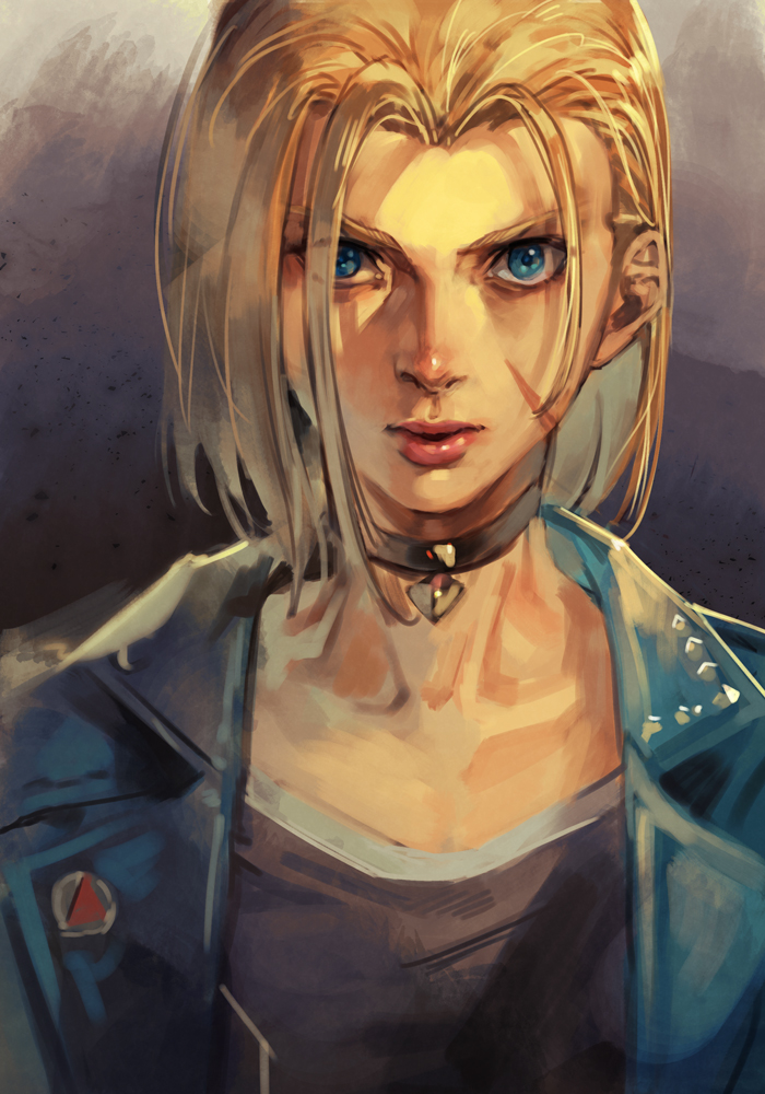 1girl, blonde_hair, blue_eyes, blue_jacket, cammy_white, choker, collarbone, hankuri