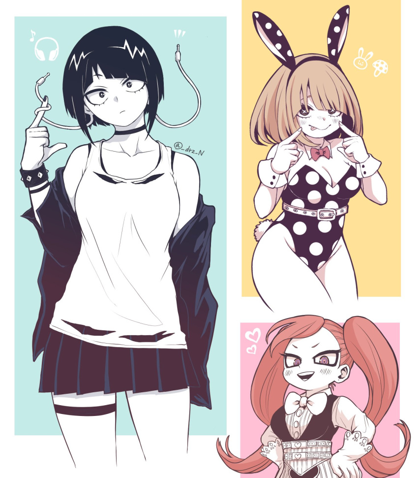 3girls, :d, animal_ears, bare_shoulders, belt, black_hair, blush, boku_no_hero_academia