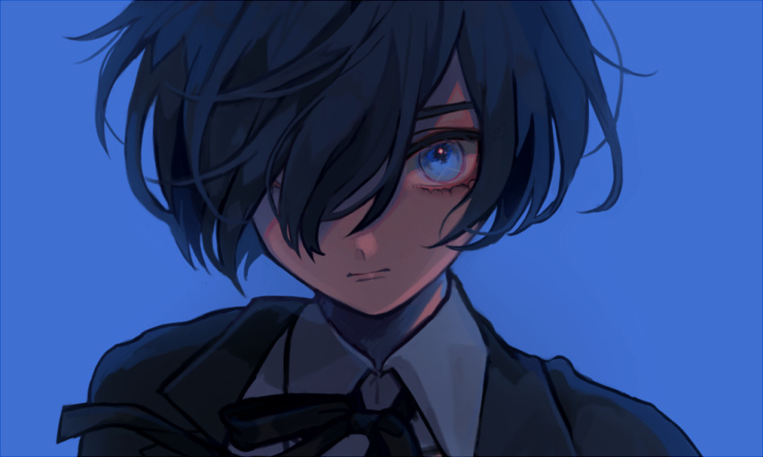 1boy, 382, aged_down, black_hair, black_ribbon, black_suit, blue_background, blue_eyes
