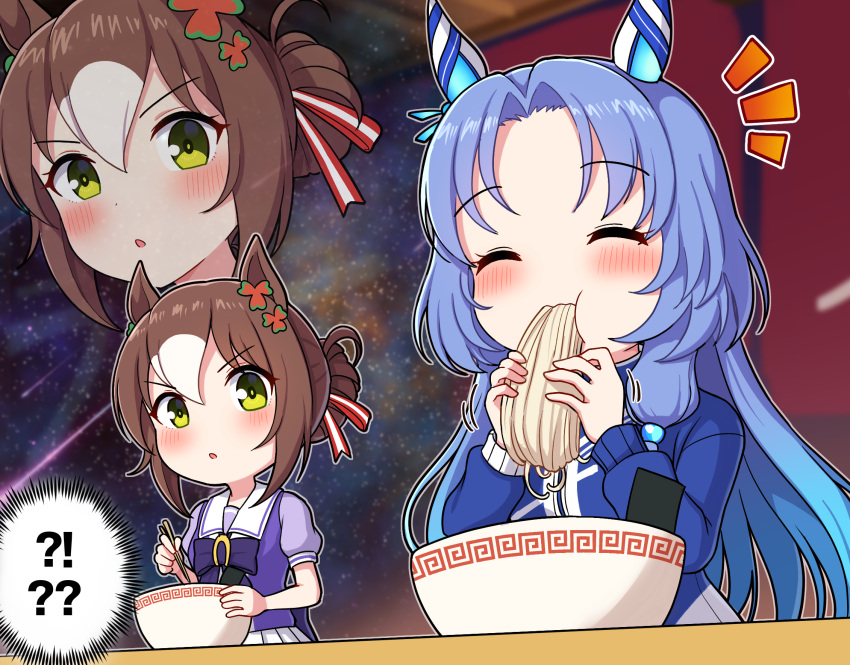 !?, 2girls, ?, ai_drawing_anime_characters_eating_ramen_(meme), blue_hair, blush, bowl, closed_eyes